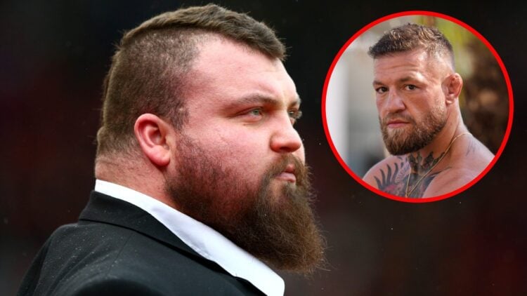 Image of Eddie Hall at a soccer game with an inset of Conor McGregor at during the 75th annual Cannes Film Festival