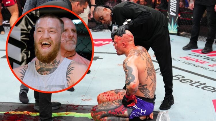 Anthony Smith immediately after his UFC Kansas City loss with an inset of Conor McGregor at the UFC 196 press conference