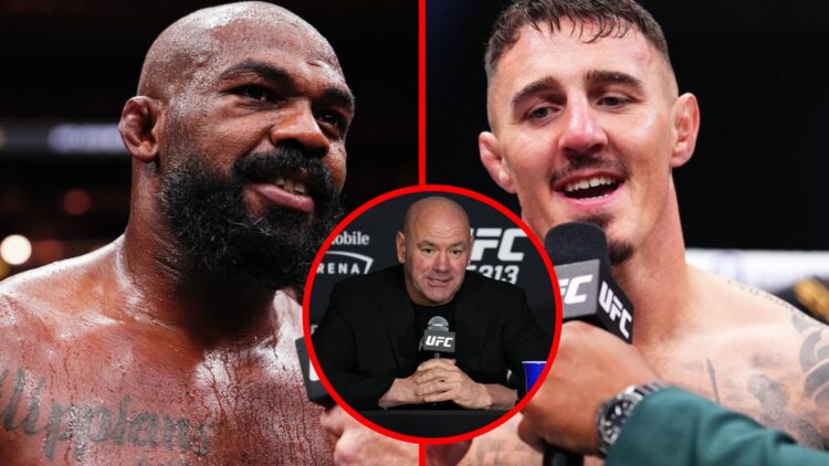 Split image of Jon Jones speaking at UFC 309 and Tom Aspinall speaking at UFC 304, with an inset of Dana White speaking at UFC 313