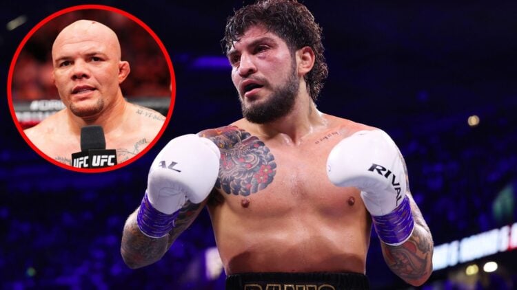 Dillon Danis looks on during his Misfits boxing match with Logan Paul with an inset of Anthony Smith speaking in his post-fight interview at UFC Ka...