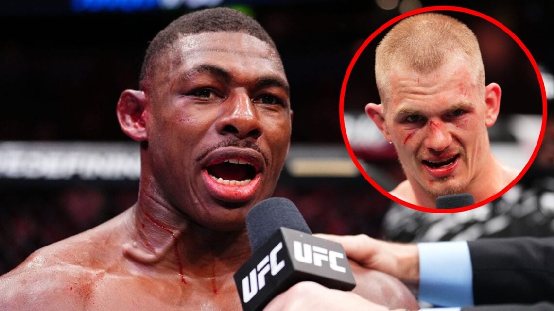 Joaquin Buckley speaks after his UFC 307 win over Stephen Thompson with an inset of Ian Machado Garry speaking after his win over Carlos Prates at ...