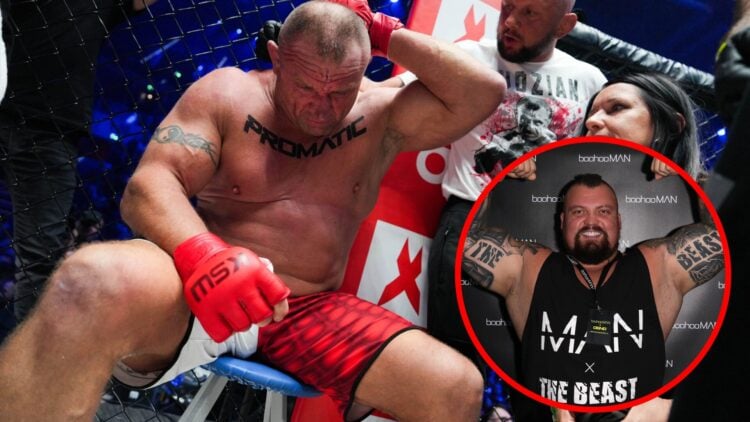 Image of Mariusz Pudzianowski holding the back of his head after being KO'd by Eddie Hall with an inset of Hall posing at the boohooMAN x DENO Laun...