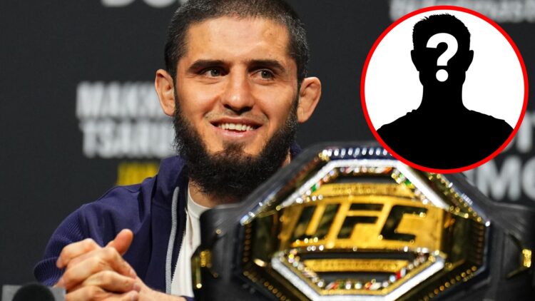 Image of Islam Makhachev on stage at the UFC 311 press conference with an inset of a mystery icon