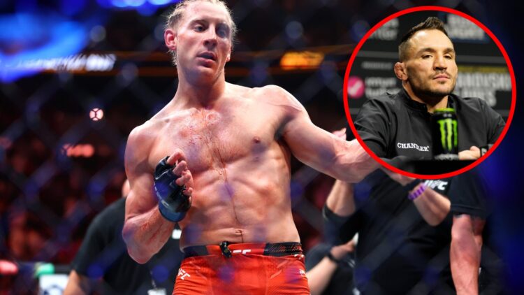Paddy Pimblett celebrates after beating Michael Chandler at UFC 314 with an inset of Chandler on stage at the UFC 314 press conference