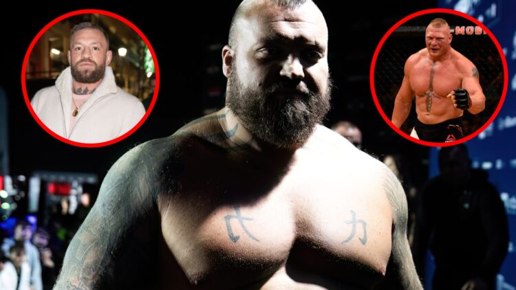Image of Eddie Hall at the KSW 105 Ceremonial Weigh-in with insets of Conor McGregor at a BKFC event and Brock Lesnar at UFC 200