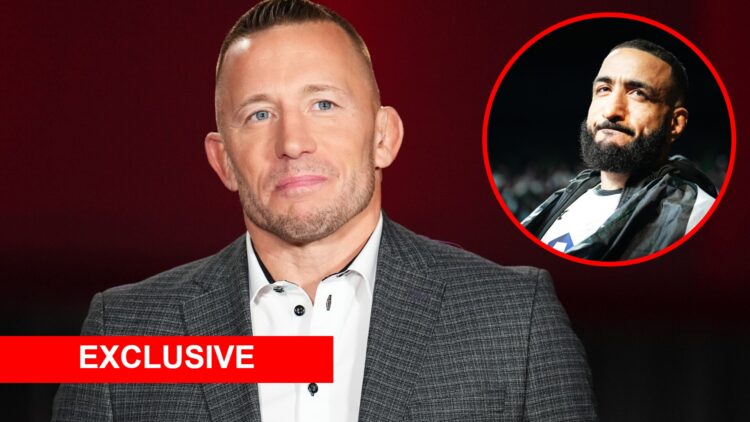Image of Georges St-Pierre in attendance at the UFC Fight Pass Invitational 5 with an inset of Belal Muhammad walking out at UFC 304
