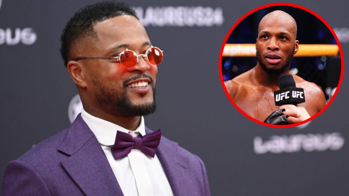 Patrice Evra on the red carpet at the 2024 Laureus World Sports Awards with an inset of Michael Page speaking after his win over Shara Magomedov