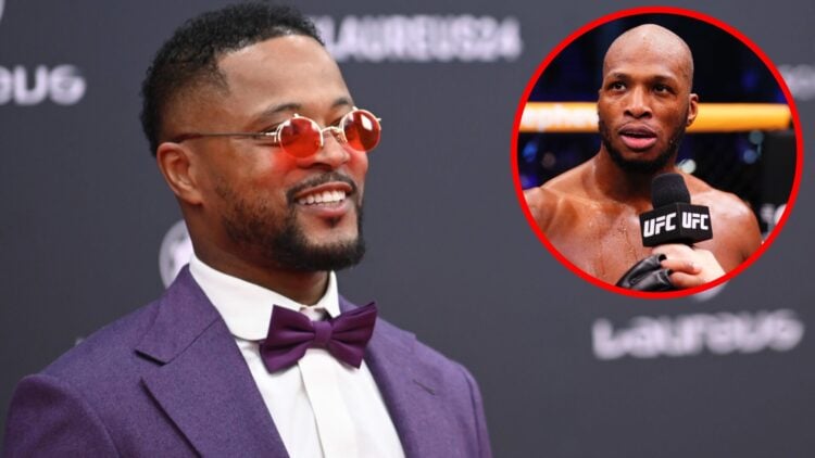 Patrice Evra on the red carpet at the 2024 Laureus World Sports Awards with an inset of Michael Page speaking after his win over Shara Magomedov