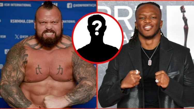 Split image of Eddie Hall after weighing in for KSW 105, with KSI posing at the BRIT Awards, and a mystery pop out