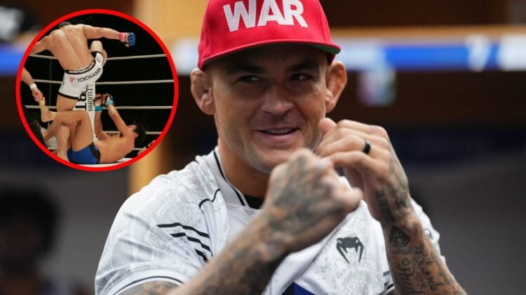 Dustin Poirier warms up backstage at UFC 302, with an inset of Wanderlei Silva stomping Yuki Kondo at Pride Final Conflict 2004