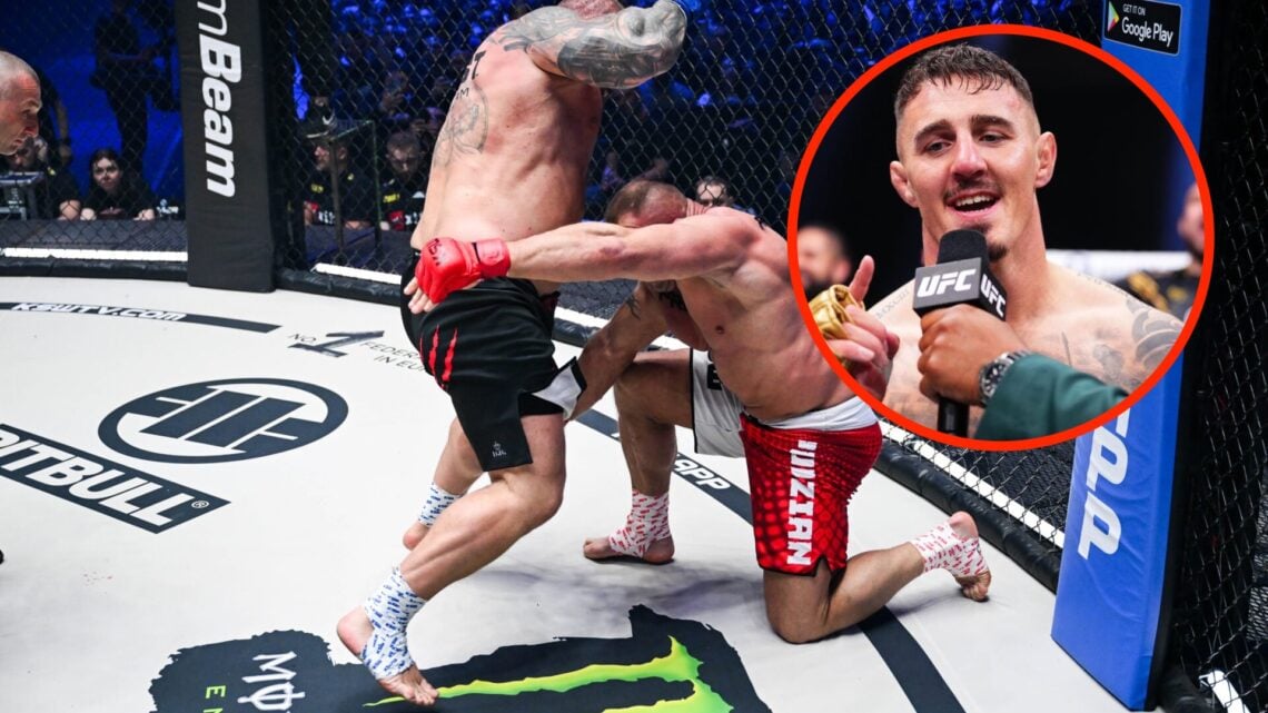 Eddie Hall lands punches on Mariusz Pudzianowski during KSW 105 with an inset of Tom Aspinall talking to the crowd after UFC 304 KO win