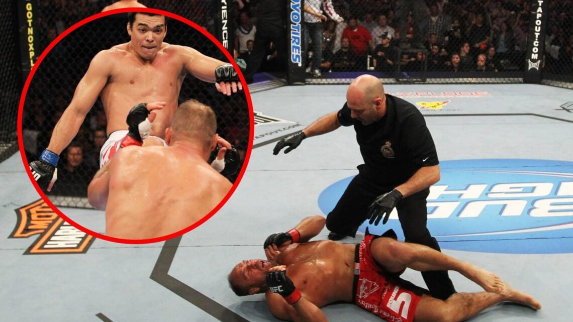 Image of Randy Couture on the ground after his KO loss at UFC 129, with an inset of Lyoto Machida landing the kick that floored him