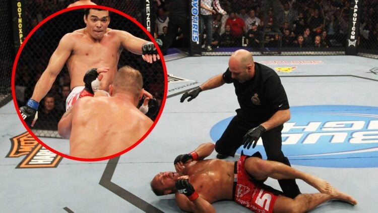 Image of Randy Couture on the ground after his KO loss at UFC 129, with an inset of Lyoto Machida landing the kick that floored him