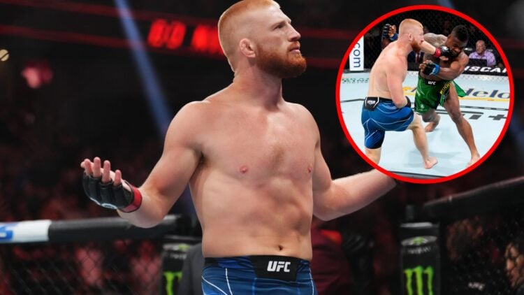 Image of Bo Nickal reacting to his win at UFC 290, with an inset of him punching Val Woodurn during their fight