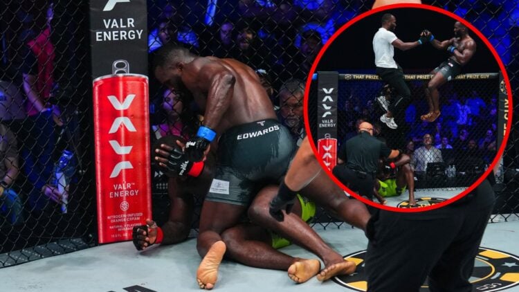 Image of Fabian Edwards punching Impa Kasanganay at PFL with an inset of him celebrating with Leon Edwards after his win