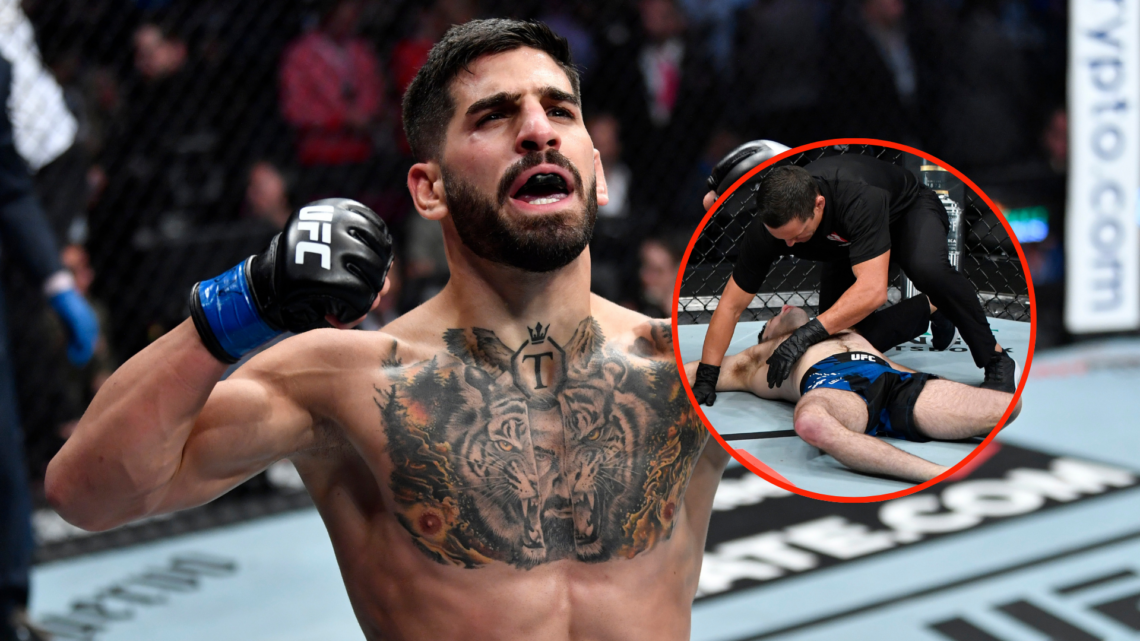 Image of Ilia Topuria with inset of Ryan Hall KO'ed