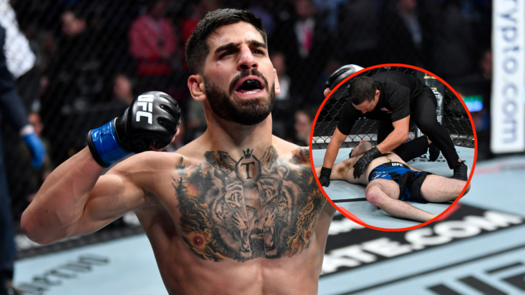 Image of Ilia Topuria with inset of Ryan Hall KO'ed