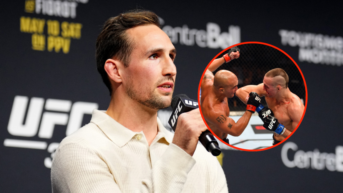Image of Rory MacDonald at a UFC 315 Q&A with inset of Robbie Lawler vs. Rory MacDonald 2