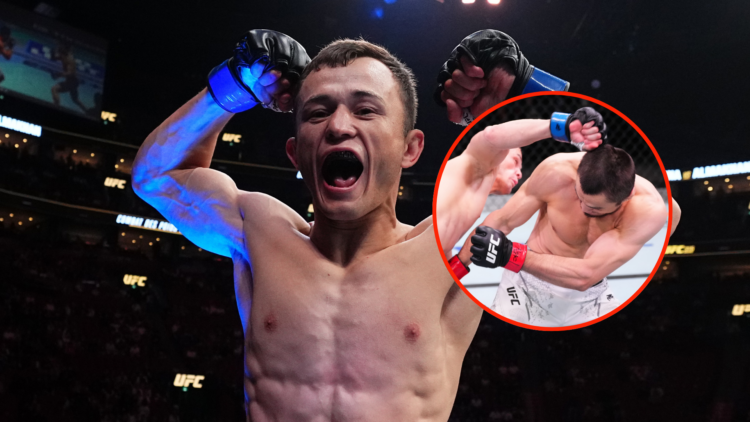 Image of Bekzat Almakhan at UFC 315 with inset of Umar Nurmagomedov.