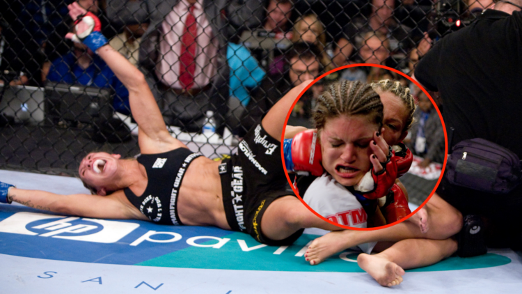 Cris Cyborg celebrates win over Gina Carano, inset of Gina Carano getting punched