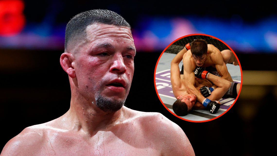 Nate Diaz following his boxing match with Jorge Masvidal and inset of Josh Thomson KO'ing Nate Diaz in 2013.