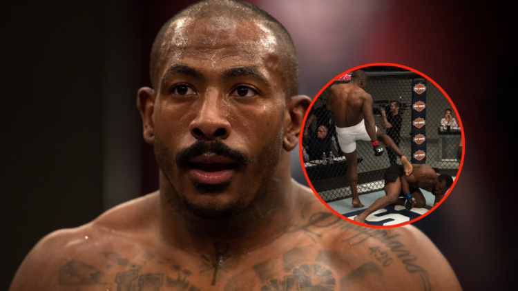 Image of Khalil Rountree Jr. on 'The Ultimate Fighter 23' with inset of Rountree KO'ing opponent with soccer kicks