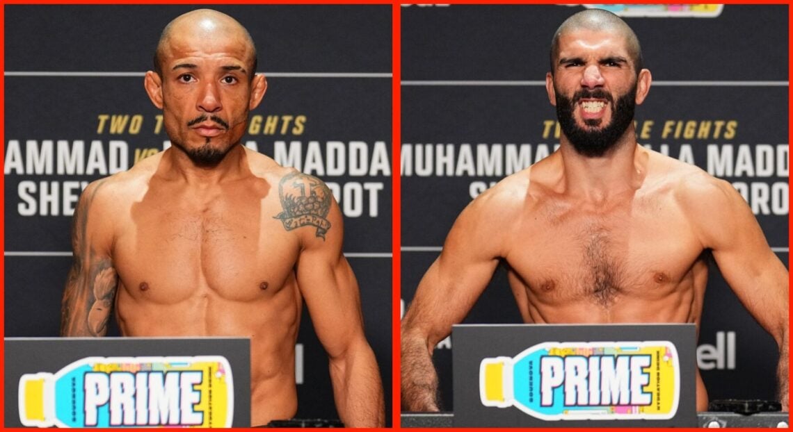 Split image of Jose Aldo and Aiemann Zahabi making weight ahead of UFC 315