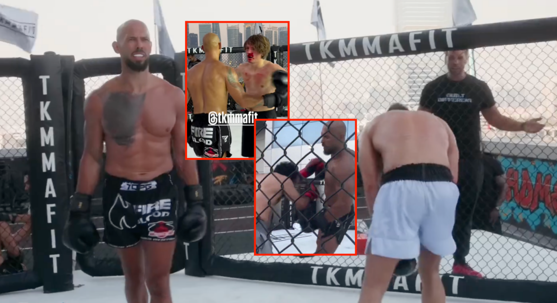 Andrew Tate dropping a sparring partner, with blocks showing him sparring with different people