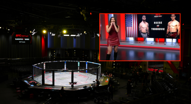 Overhead photo of the UFC Apex during UFC Vegas 107, inset Minty Bets during the UFC Vegas 107 broadcast