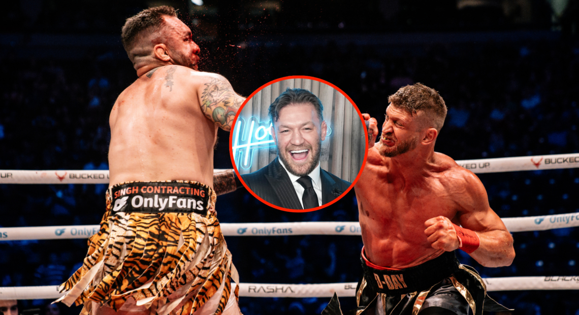 Main photo shows Josh Dyer punching Mike Richman at BKFC 74, bubble photo shows Conor McGregor laughing