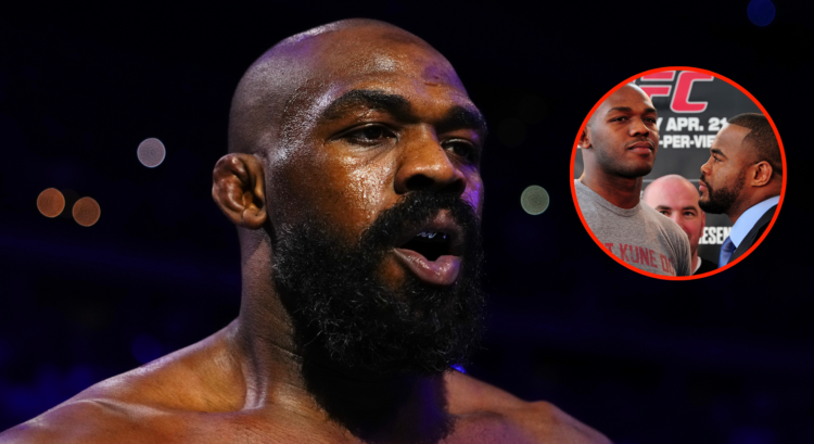 Jon Jones walks out for his fight with Stipe Miocic at UFC 309, inset Jones and Rashad Evans facing off