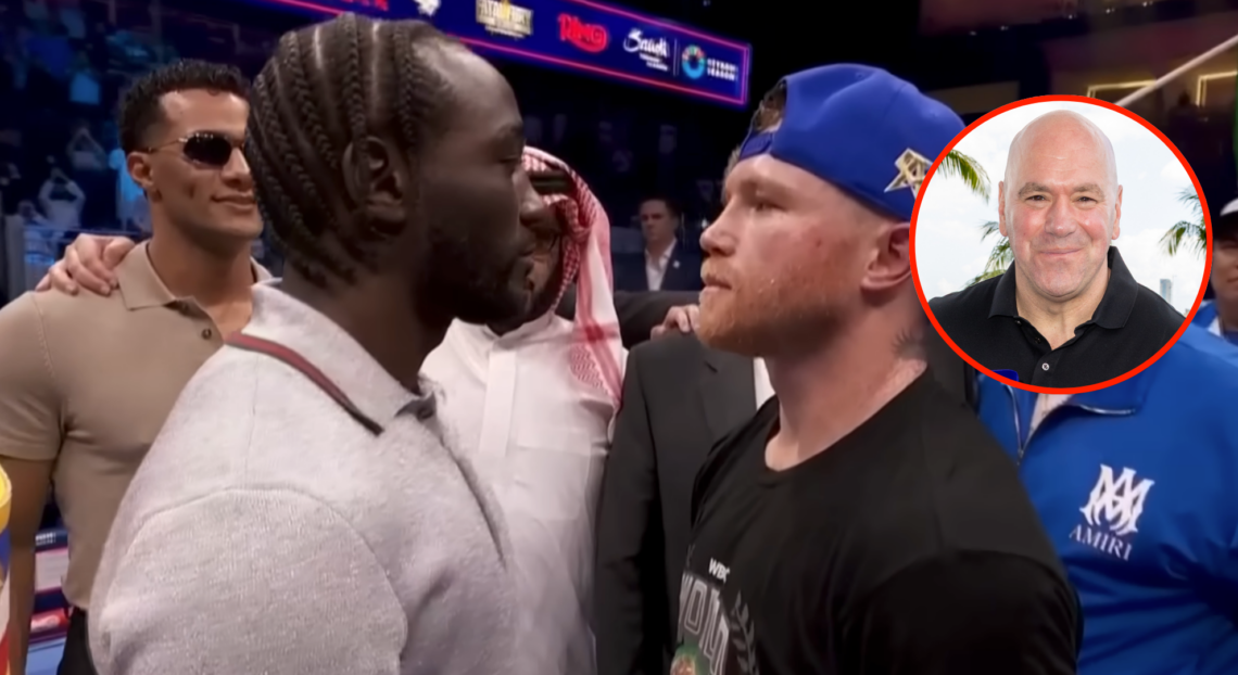 Main photo shows Terence Crawford and Canelo Alvarez facing off. Bubble photo shows Dana White smiling