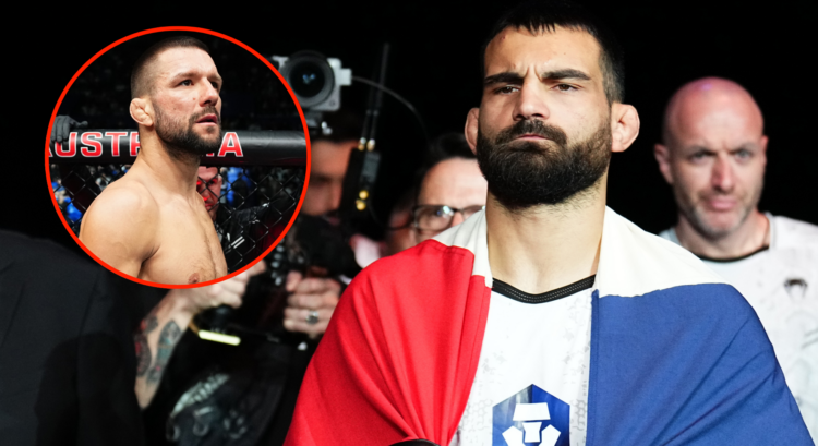 Benoit Saint-Denis walks out for his fight at UFC 299, inset Mateusz Gamrot entering the cage at UFC 305