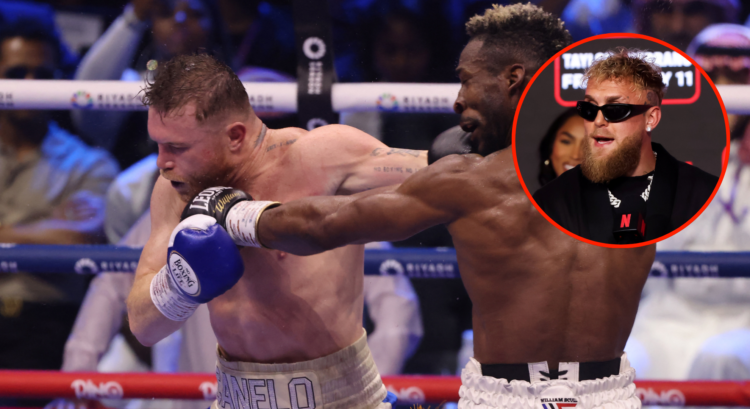 Main photo shows Canelo Alvarez and William Scull punch one another. Bubble shows Jake Paul wearing sunglasses speaking at a press conference