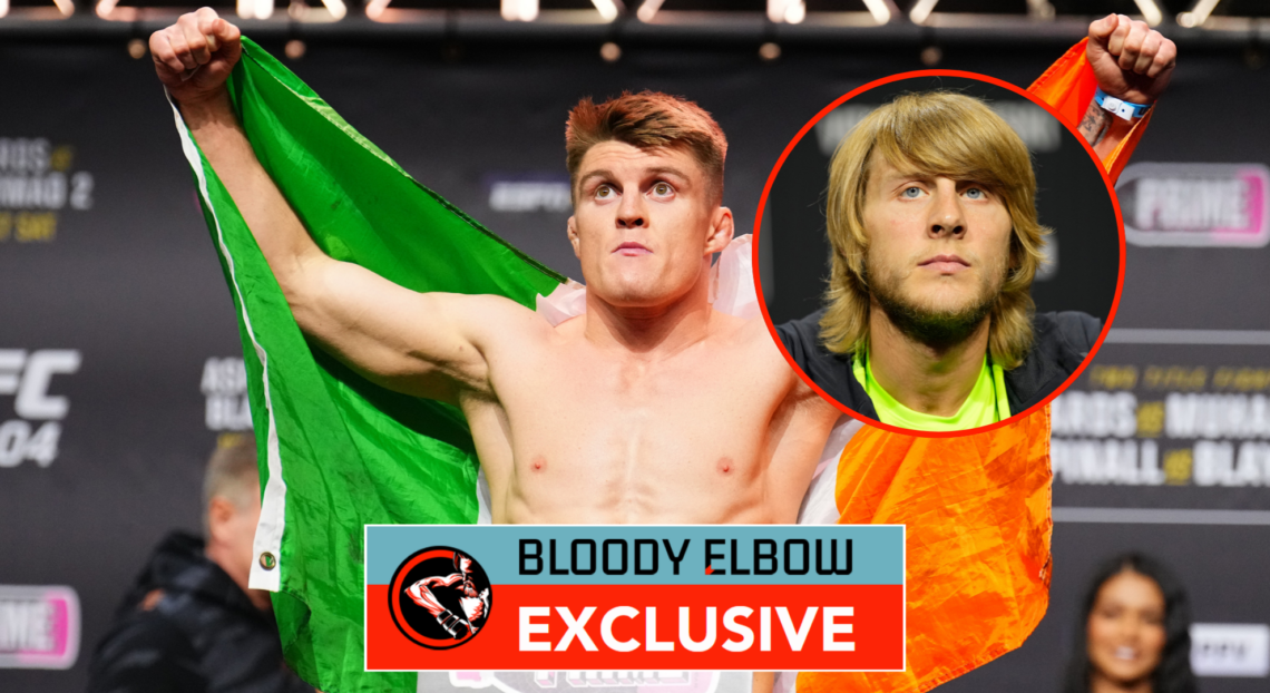 Main photo shows Caolan Loughran with an Irish flag, alongside a bubble showing Paddy Pimblett. Overlay text reads: BLOODY ELBOW EXCLUSIVE