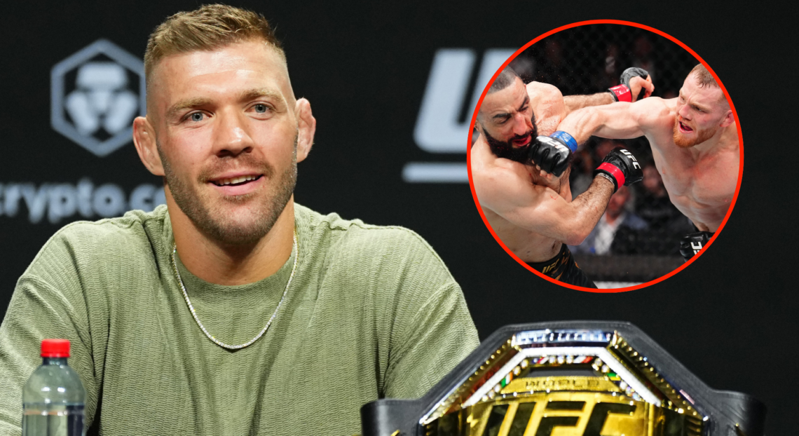 Dricus du Plessis reacts to a question at the UFC 312 pre-fight press conference, inset Jack Della Maddalena punching Belal Muhammad