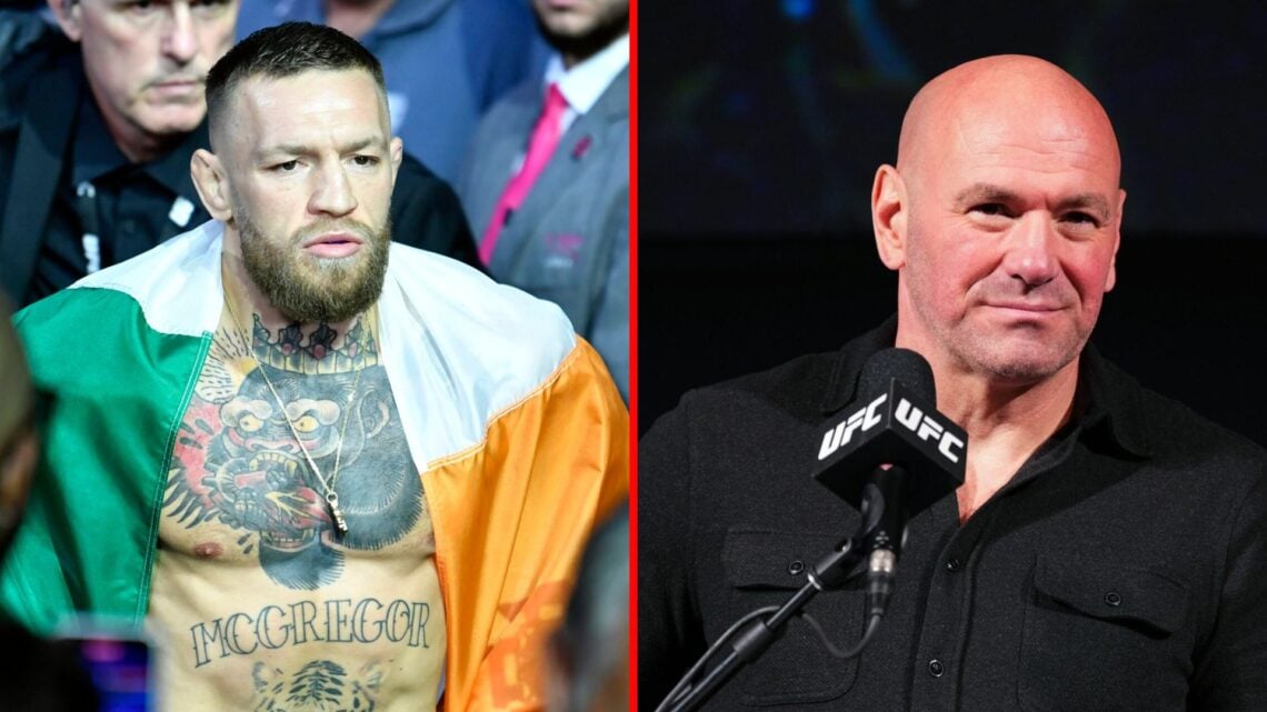 Split image of Conor McGregor walking to the cage and Dana White at a press conference