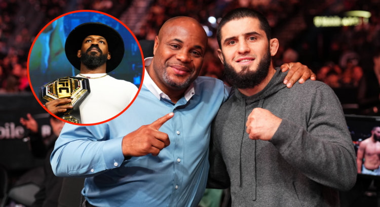Main photo shows Daniel Cormier and Islam Makhachev pose for a photo at UFC 310. Bubble shows Jon Jones posing at a press conference with his UFC h...