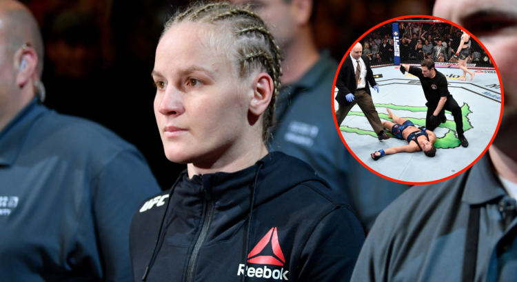 Valentina Shevchenko walks out for her UFC 238 flyweight title defense, inset referee Jason Herzog attending to Jessica Eye after knockout