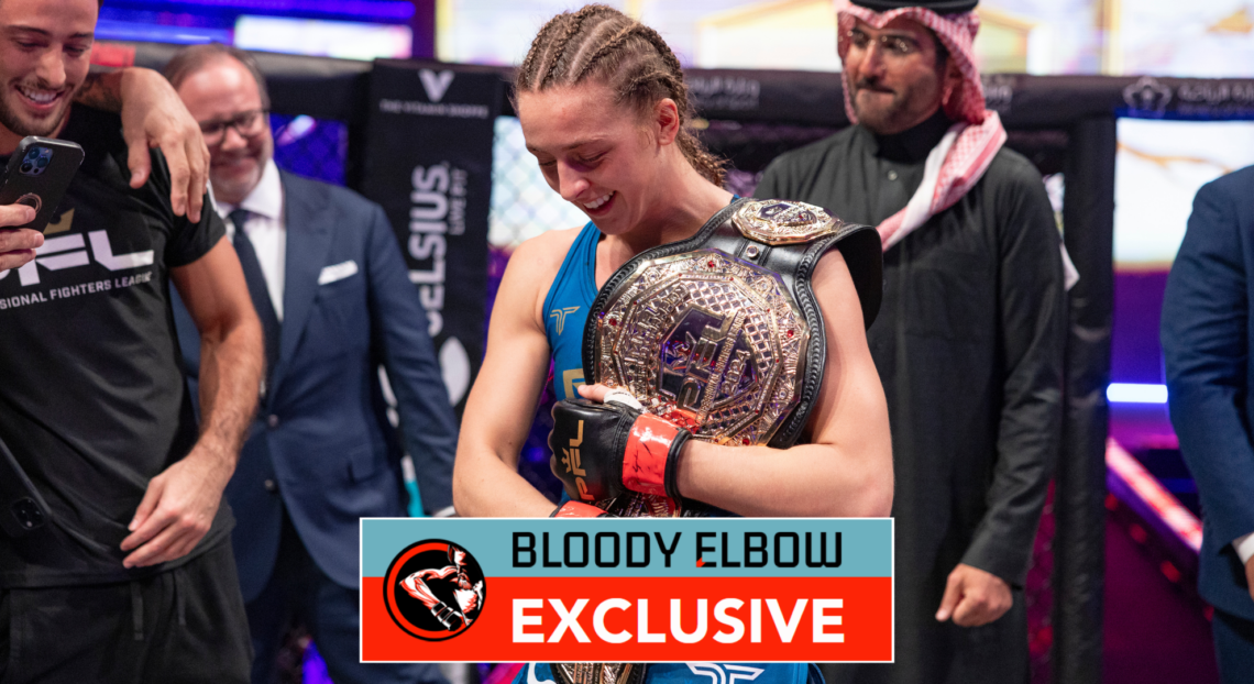 Dakota Ditcheva holding her PFL title belt. Overlay text reads: BLOODY ELBOW EXCLUSIVE