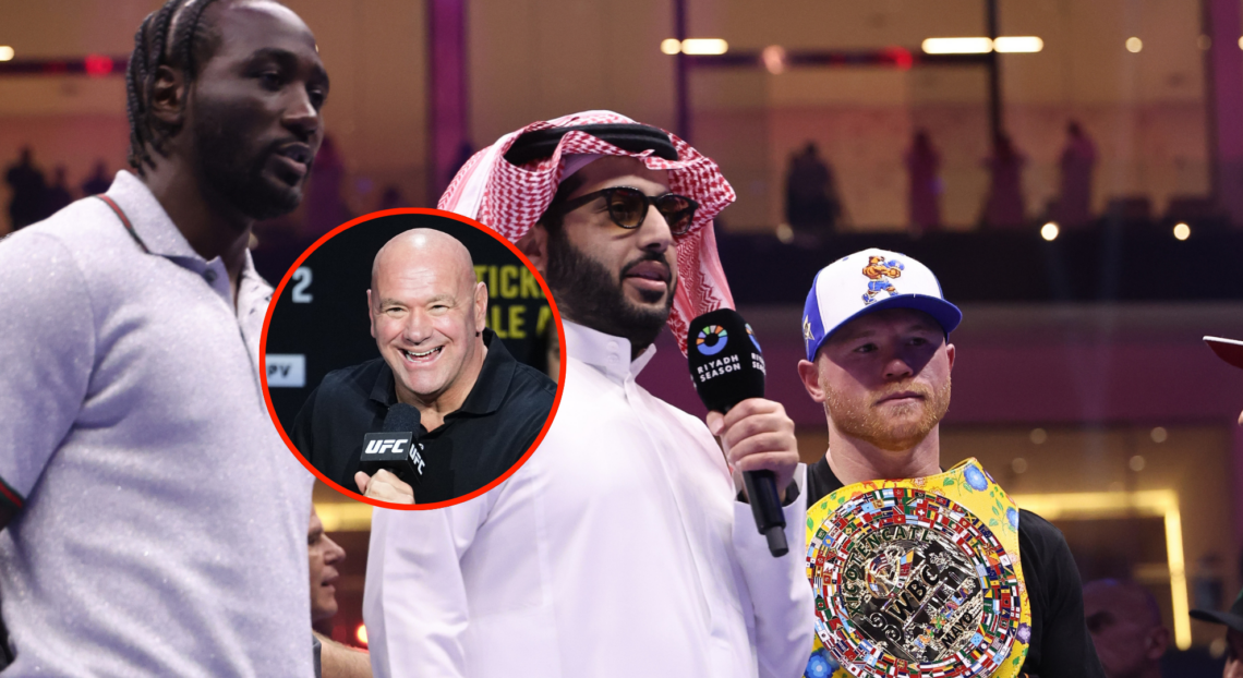Terence Crawford, Turki Alalshikh and Canelo Alvarez in the ring, with attached bubble showing Dana White at a UFC press conference laughing