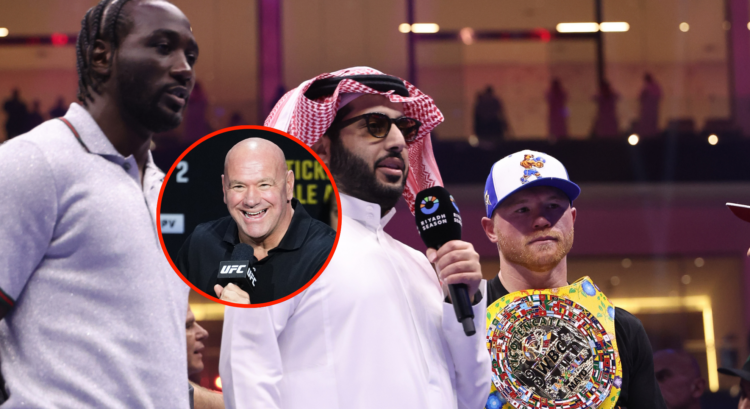 Terence Crawford, Turki Alalshikh and Canelo Alvarez in the ring, with attached bubble showing Dana White at a UFC press conference laughing