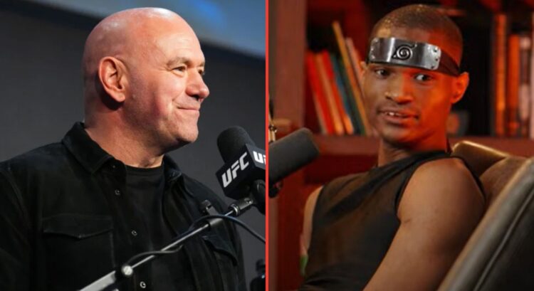 Split image of Dana White at the UFC 309 press conference and Death Sentence on Demetrious Johnson's YouTube channel