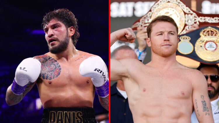 Split image of Dillon Danis boxing Logan Paul and Canelo Alvarez at a weigh-in