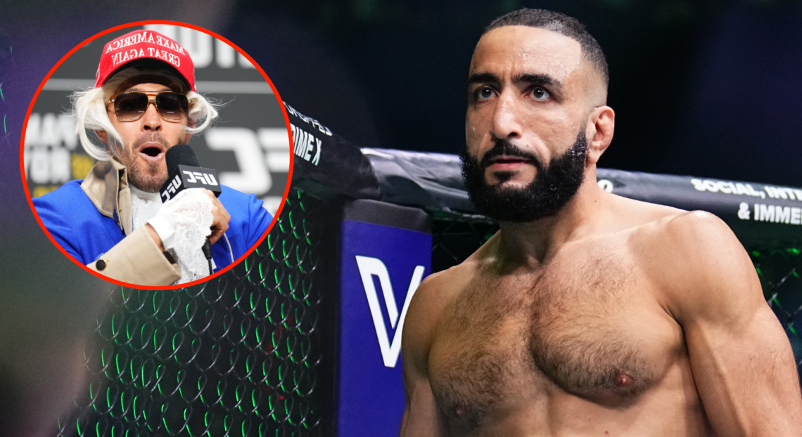 Belal Muhammad enters the Octagon for his title fight at UFC 304, inset Colby Covington at the UFC 296 press conference