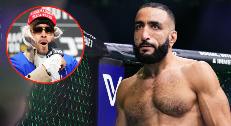Belal Muhammad enters the Octagon for his title fight at UFC 304, inset Colby Covington at the UFC 296 press conference