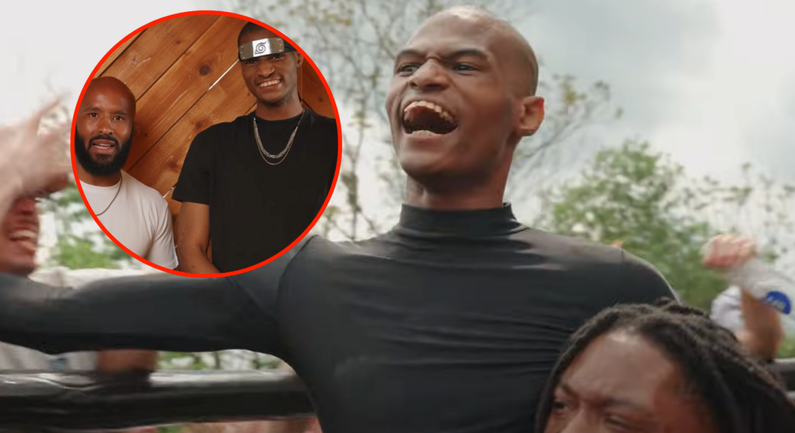 Main photo shows Maraji 'Death Sentence' Jones celebrating winning a fight. Bubble photo shows him and Demetrious Johnson