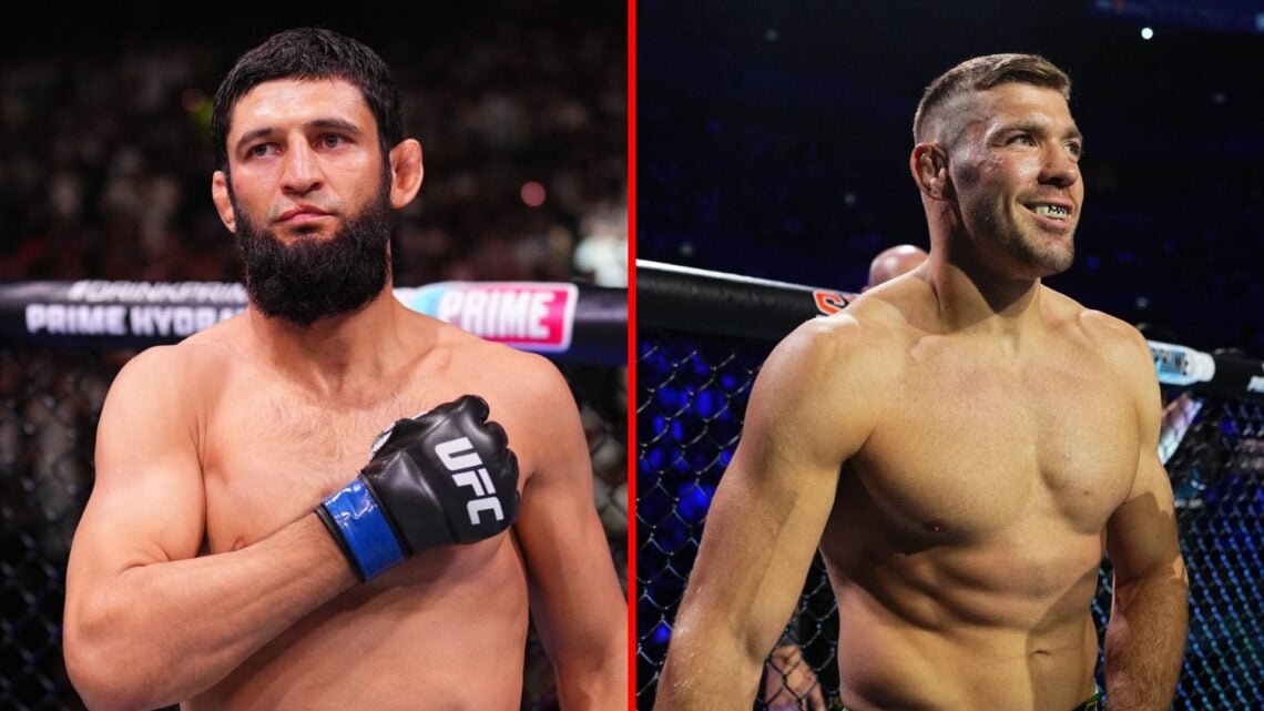 Split image of Khamzat Chimaev ahead of his fight with Robert Whittaker and Dricus Du Plessis ahead of his rematch with Sean Strickland