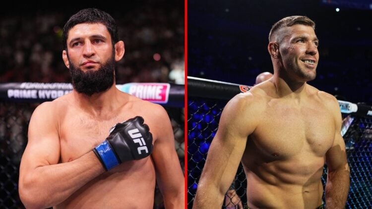 Split image of Khamzat Chimaev ahead of his fight with Robert Whittaker and Dricus Du Plessis ahead of his rematch with Sean Strickland