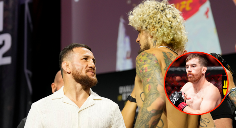 Merab Dvalishvili and Sean O'Malley come face-to-face at a press conference, inset Cory Sandhagen walking out at UFC Nashville